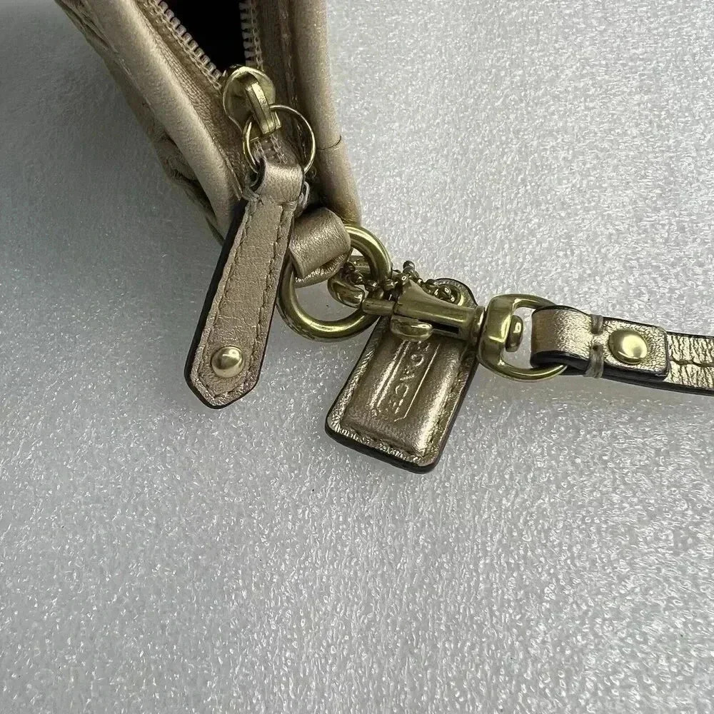 COACH Signature Madison Gold Gathered Pleated Leather‎ Strap Handbag Wristlet - Picture 10 of 13